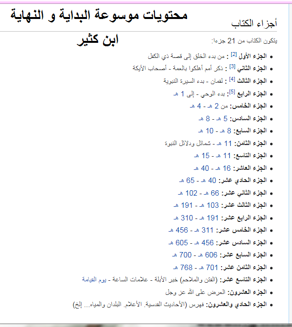 محتويات موسوعة ابن كثير البداية و النهاية.